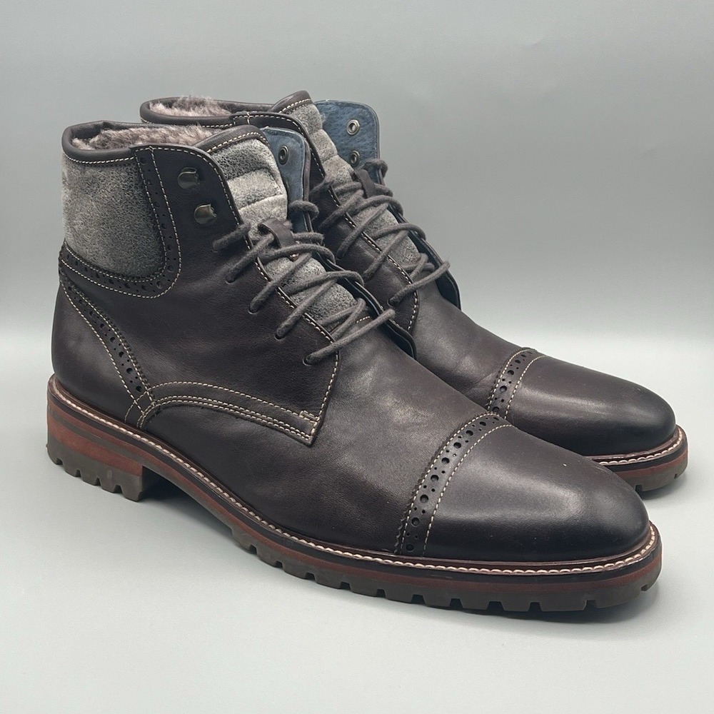 Johnston & Murphy Shearling Dark Brown Leather Lace Up Boots - Men's Size 11.5